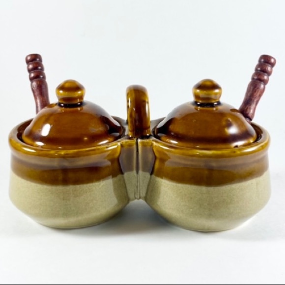 Vintage stoneware condiment caddy with spoons